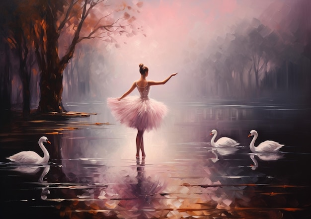 dipinto di una donna in tutù che balla in un lago con cigni ai generativa