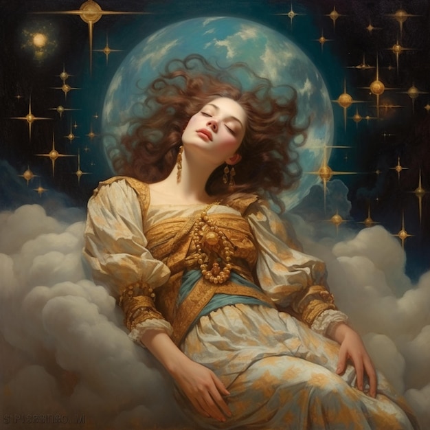 dipinto di una donna sdraiata su una nuvola con la luna piena sullo sfondo generativ ai