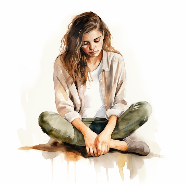 dipinto di una donna seduta a terra con le gambe incrociate