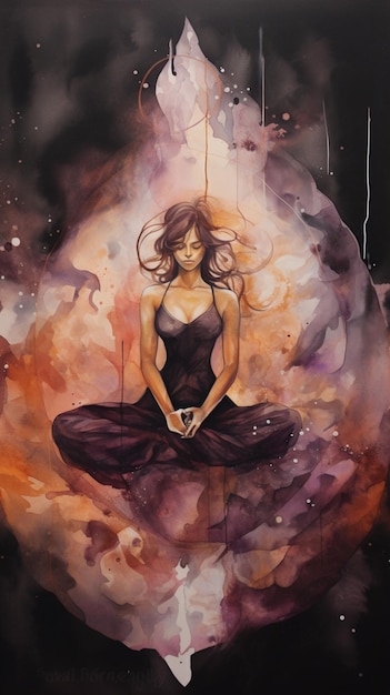 dipinto di una donna seduta in posizione di loto con gli occhi chiusi generativo ai.