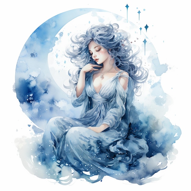 Dipinto di una donna seduta su una luna con gli occhi chiusi generativa ai