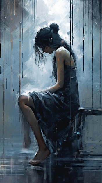 dipinto di una donna seduta su una panchina sotto la pioggia