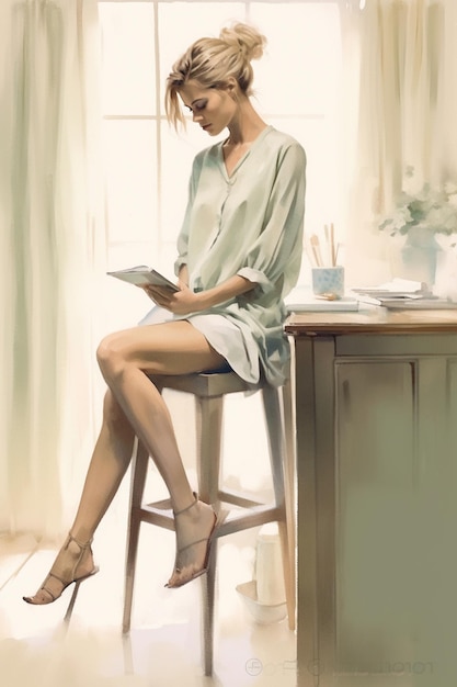 dipinto di una donna seduta su uno sgabello che legge un libro ai generativa