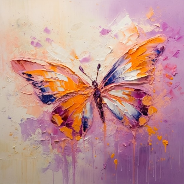 dipinto di una farfalla con ali arancione e blu su uno sfondo viola generativo ai