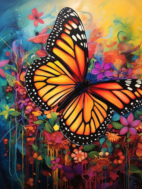 dipinto di una farfalla con ali arancioni brillanti e ali nere generative ai