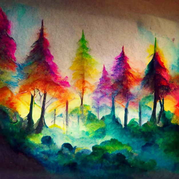 dipinto di una foresta con alberi e rocce in primo piano ai generativa