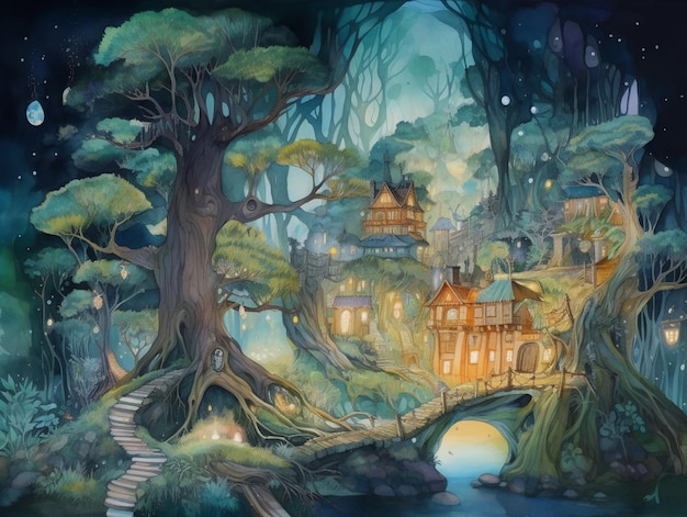 Dipinto di una foresta fantastica con un ponte e una casa generativa ai