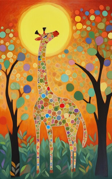 dipinto di una giraffa in piedi in un campo con alberi e un ai generativo del sole