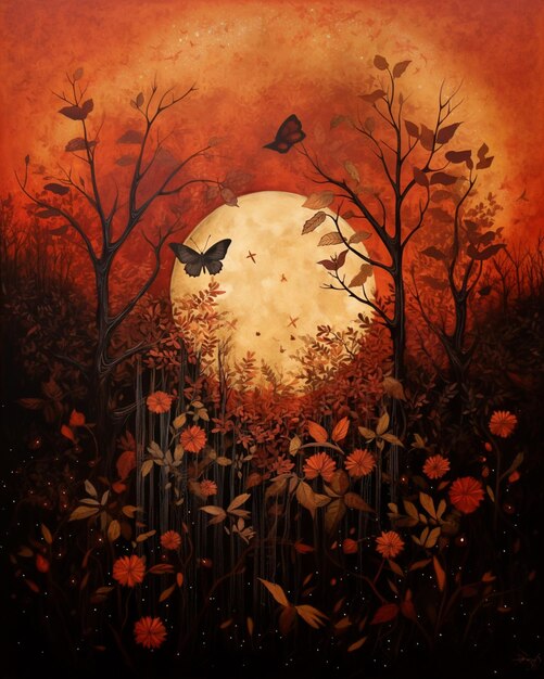 dipinto di una luna piena con farfalle che volano sopra un campo di fiori ai generativa