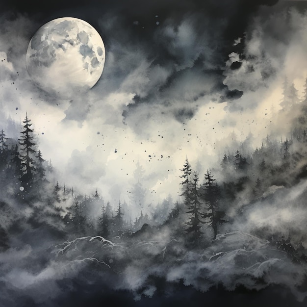 dipinto di una luna piena in un cielo nuvoloso con alberi ai generativi