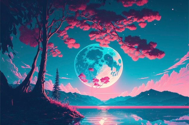 Dipinto di una luna piena sopra un lago generativo ai