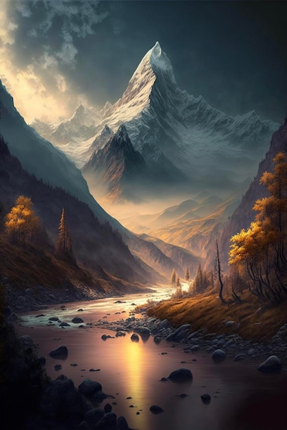 Dipinto di una montagna con un fiume in primo piano Generativo Ai