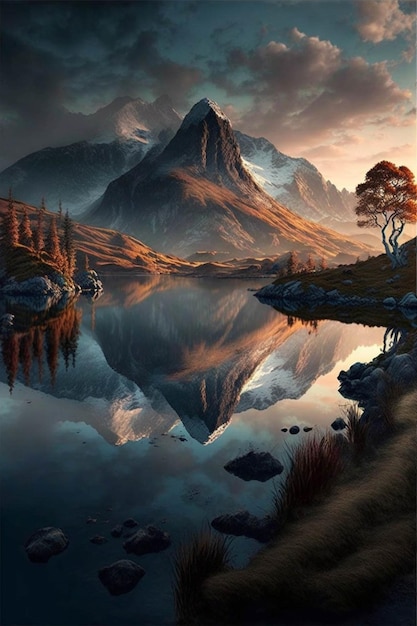 Dipinto di una montagna con un lago in primo piano generativo ai