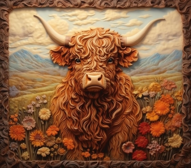 dipinto di una mucca con capelli lunghi e corna in un campo di fiori ai