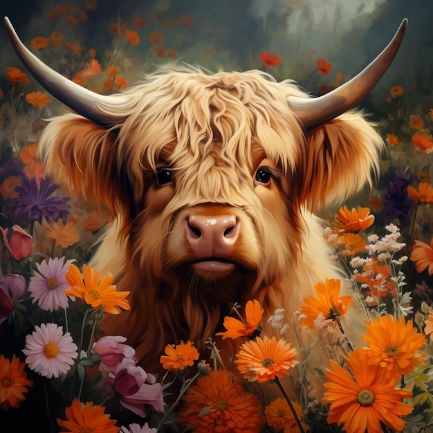 dipinto di una mucca con le corna in un campo di fiori ai