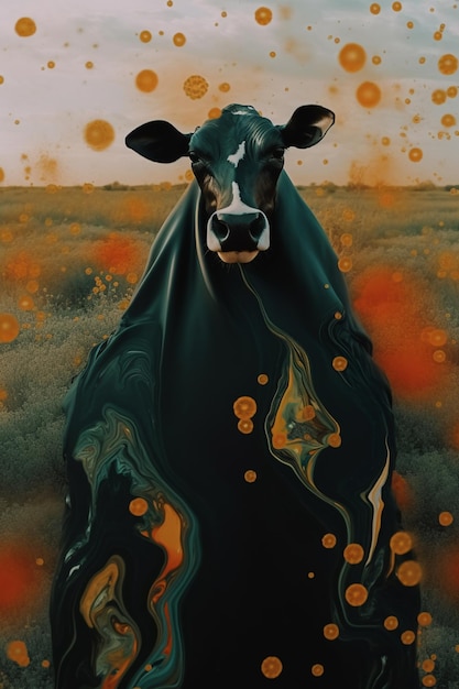 dipinto di una mucca con un cappotto nero e macchie arancione generativo ai