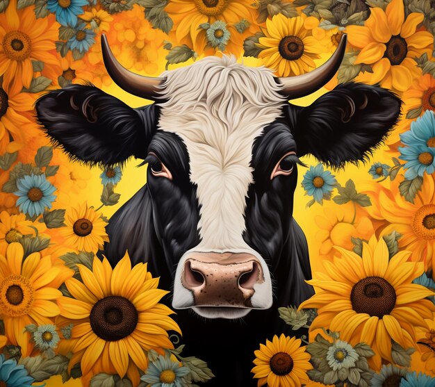 dipinto di una mucca con una faccia bianca e nera circondata da girasoli generativo ai