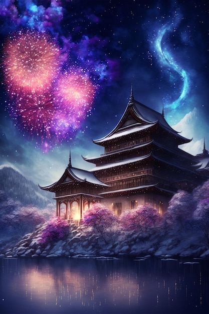 Dipinto di una pagoda con fuochi d'artificio nel cielo generativo ai