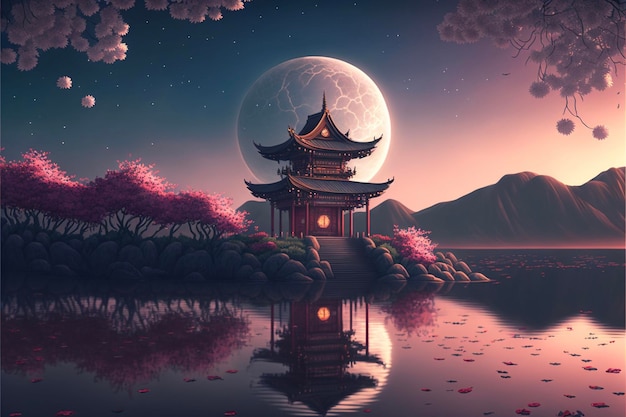 Dipinto di una pagoda con la luna piena sullo sfondo generativo ai