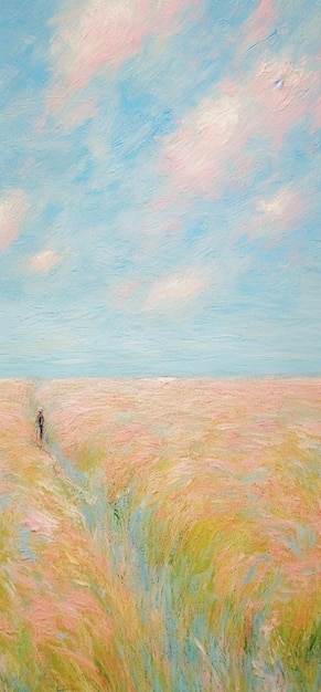 dipinto di una persona che cammina attraverso un campo di erba generativa ai