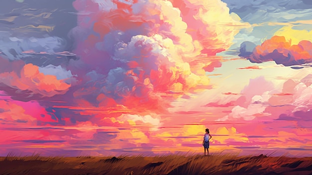 dipinto di una persona in piedi in un campo con uno sfondo celeste generativo ai