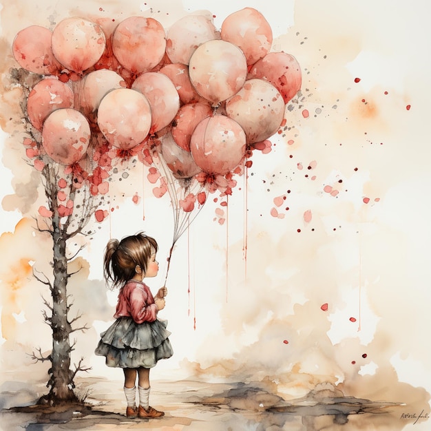 dipinto di una ragazza che tiene in mano un mazzo di palloncini davanti a un albero ai generativa