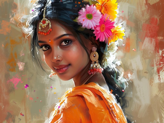 dipinto di una ragazza indiana con dei fiori decorati sui capelli