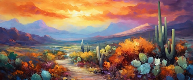 dipinto di una scena del deserto con un tramonto e alberi di cactus generativo ai