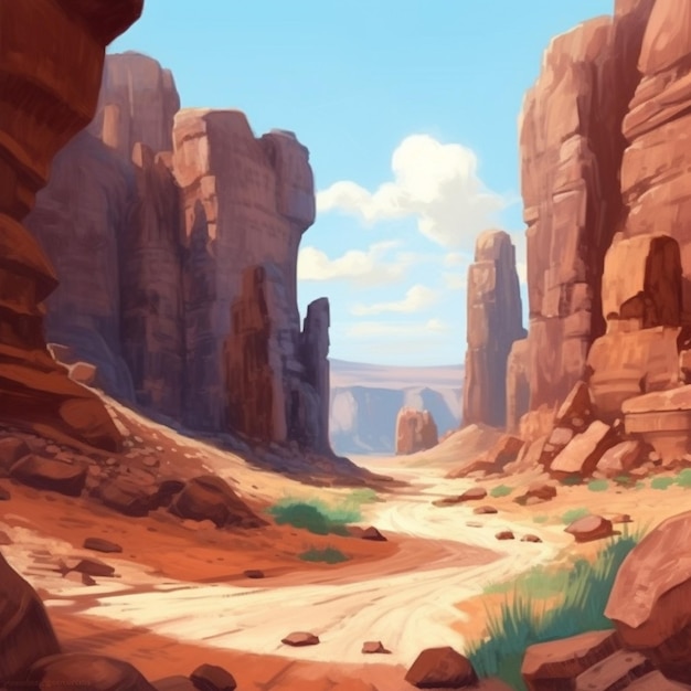 Dipinto di una scena desertica con rocce ed erba in primo piano generativo ai