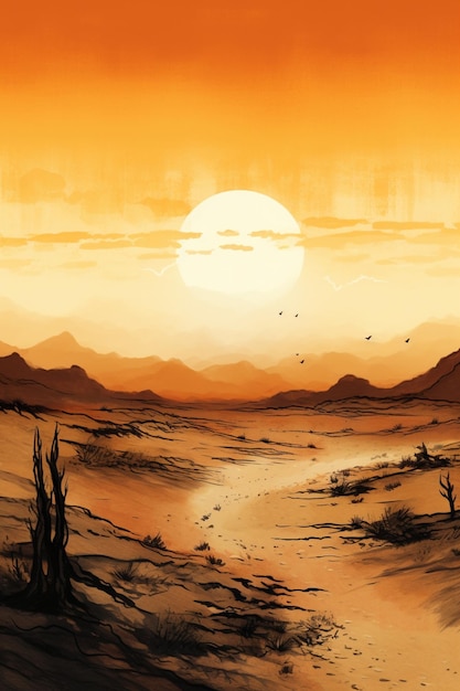 Dipinto di una scena desertica con un tramonto e un fiume AI Generative