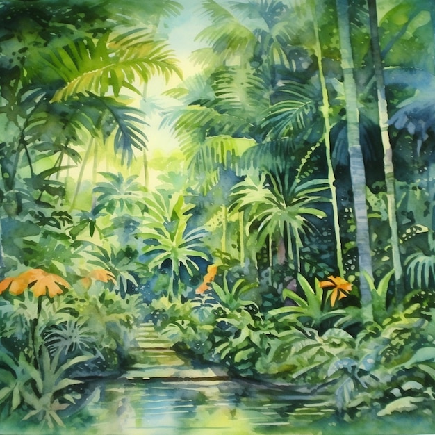 Dipinto di una scena di giungla tropicale con un ruscello e alberi generativi ai