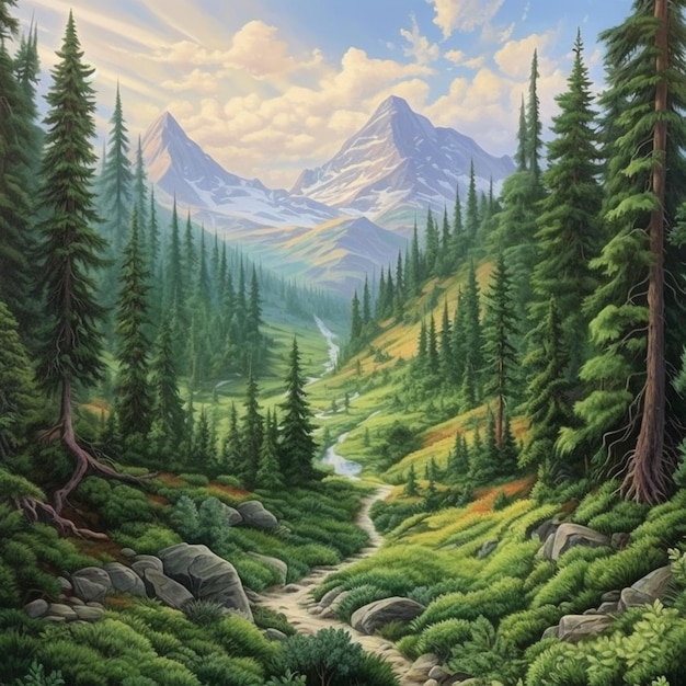 Dipinto di una scena di montagna con un ruscello e alberi generativi ai