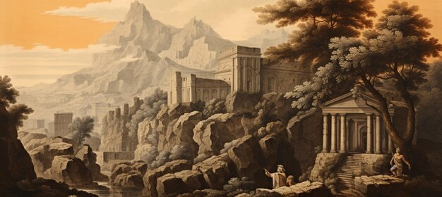 dipinto di una scena di montagna con un tempio e un uomo e una donna ai generativi