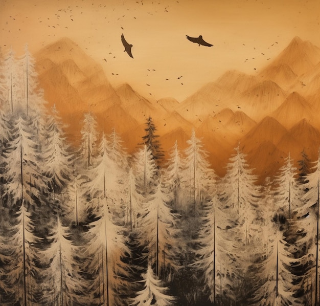 dipinto di una scena di montagna con uno stormo di uccelli che volano sopra gli alberi generativo ai