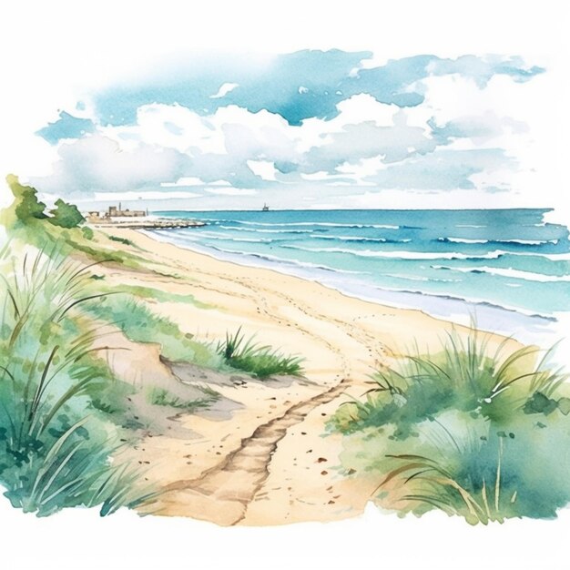 Dipinto di una scena di spiaggia con un sentiero che conduce all'acqua generativa ai