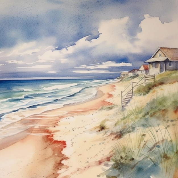 Dipinto di una scena di spiaggia con una casa e un recinto generativo ai