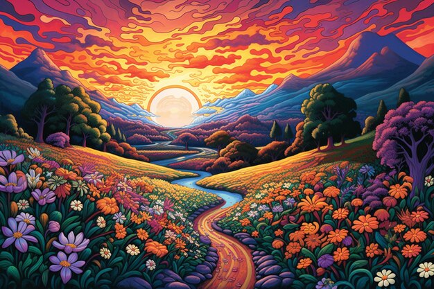 dipinto di una scena di tramonto con una strada tortuosa attraverso un campo di fiori generativo ai