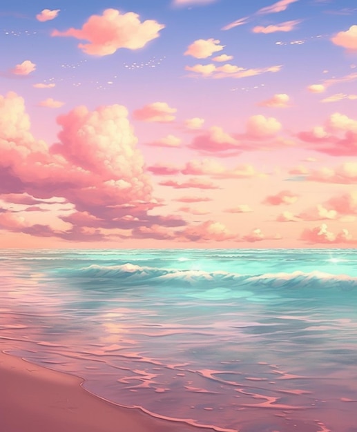 dipinto di una spiaggia con un cielo rosa e acqua blu generativo ai