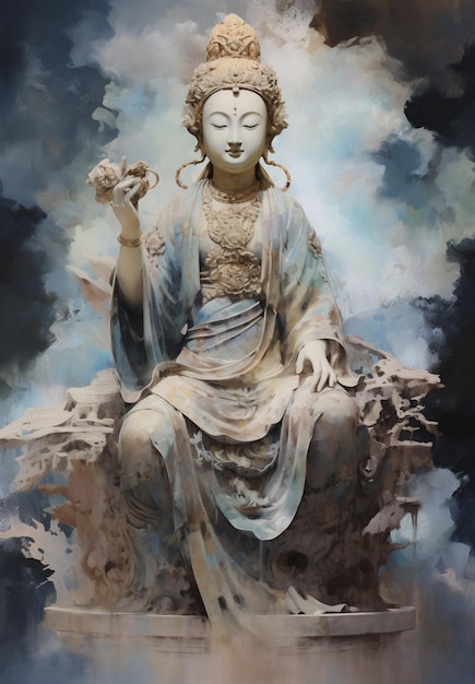 Dipinto di una statua di un buddha seduto su una roccia generativa ai