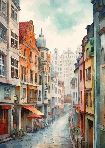 Dipinto di una strada con edifici e ombrelloni in una città generativa ai