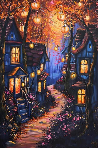 dipinto di una strada con una casa e lanterne negli alberi generativo ai