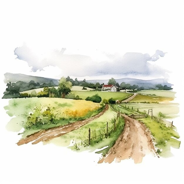 dipinto di una strada di campagna con una fattoria in lontananza generativa ai