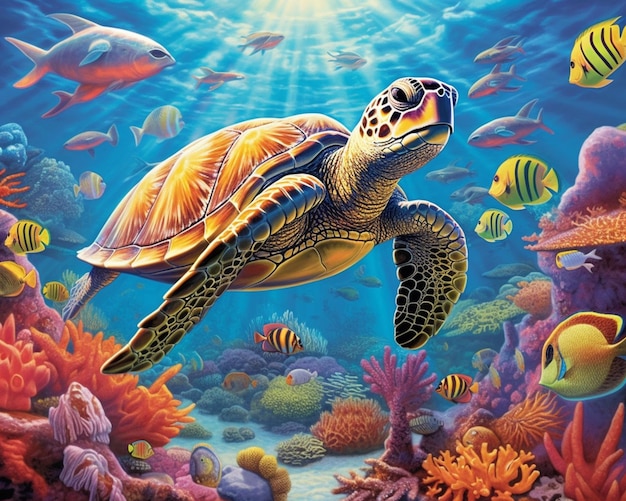 dipinto di una tartaruga che nuota in una barriera corallina con pesci generativi ai
