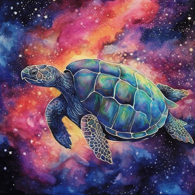 Dipinto di una tartaruga nel mezzo di una galassia con stelle generative ai