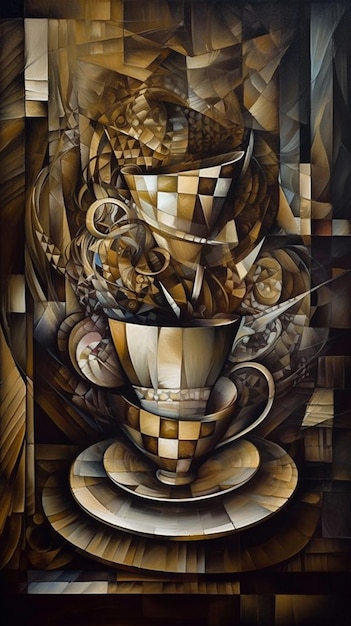 dipinto di una tazza di caffè con un piatto e un piatto generativo ai