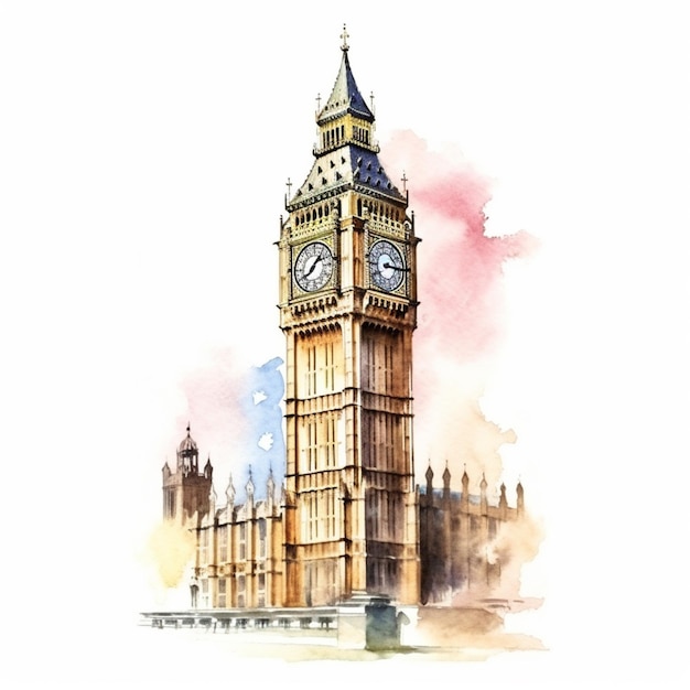 Dipinto di una torre dell'orologio con uno sfondo di cielo generativo ai