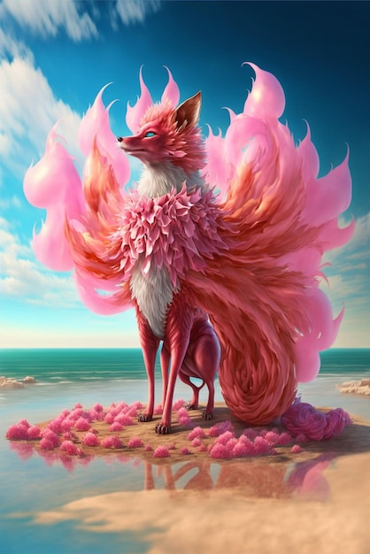 Dipinto di una volpe rosa su una spiaggia generativa ai