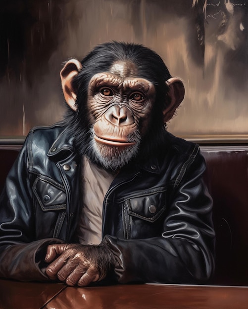 Dipinto di uno scimpanzé che indossa una giacca di pelle seduto a un tavolo generativo ai