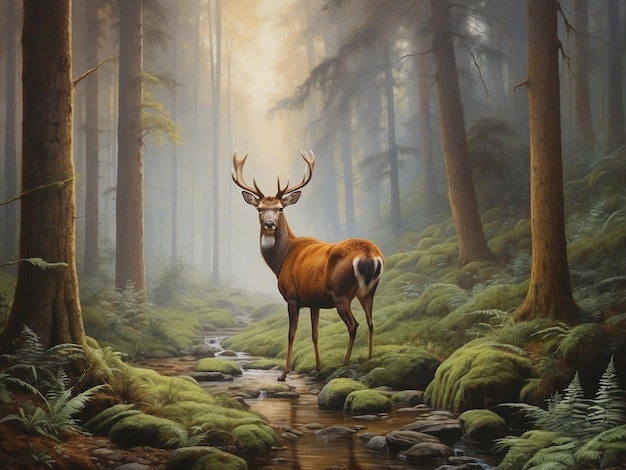 Dipinto digitale di un cervo rosso in una foresta nebbiosa