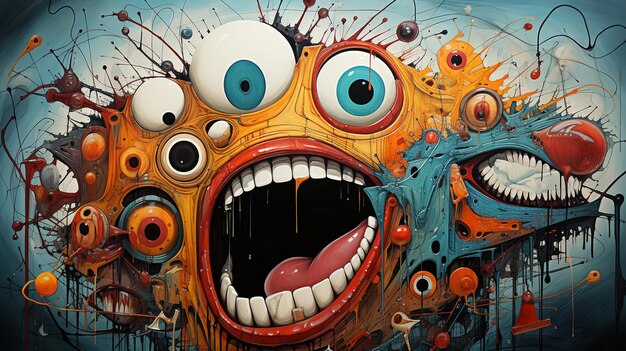 dipinto graffiti di un mostro con la bocca piena di occhi appiccicosi generativo ai
